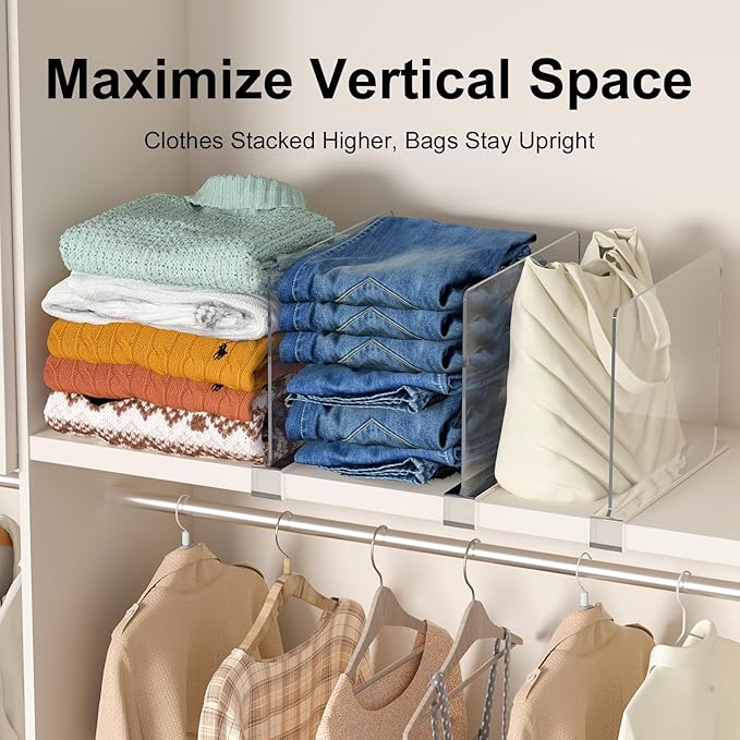 Purse Organizer for Closet Shelf Dividers: 8-Pack Adjustable Clear Acrylic Bag Storage Organizer for Handbags, Sweaters, Towe