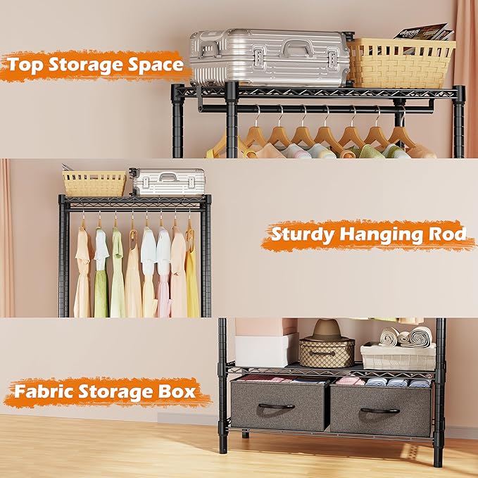 M MZG Heavy Duty Rolling Garment Rack 3 Tiers Adjustable Wire Shelving with Rod, Storage Closet Clothing Rack with Drawers Da