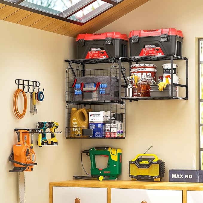 ThreeHio Garage Shelf Wall Mounted with Wire baskets, Heavy Duty Garage Wall Shelving with Garden Tool Rack and Hooks, Wire S