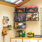 ThreeHio Garage Shelf Wall Mounted with Wire baskets, Heavy Duty Garage Wall Shelving with Garden Tool Rack and Hooks, Wire S