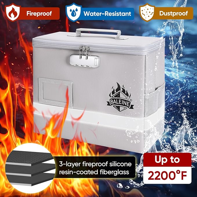 BALEINE Fireproof Document Box with Lock, Portable Fireproof Document Bag Waterproof Fire Proof File Boxes for Documents, Fil