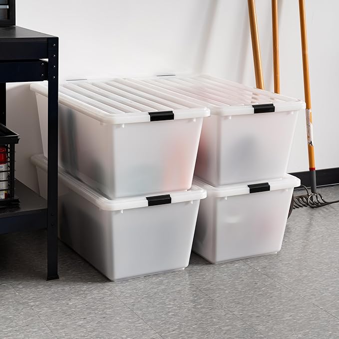 IRIS USA 91 Qt Stackable Plastic Storage Bins with Lids, 4 Pack - BPA-Free, Discreet Organizing Solution, Latches, Durable Ne