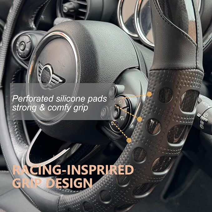 PINCTROT Large Size Race Grip Steering Wheel Cover, Anti Slip Silicone Perforated Design with Soft Touch Padding, Enhanced Grip for Sporty Driving 15.5-15.75 Inch (Racing Black)