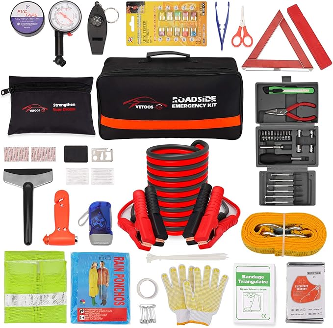 Vetoos Roadside Emergency Car Kit with Jumper Cables, Auto Vehicle Safety Road Side Assistance Kit Essentials, Winter Car Kit