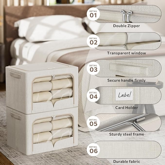 FHSQX 3 Pack Clothes Storage Bins Foldable Metal Frame Storage Box Extra Large Stackable Linen Fabric Organizer Set with Carr