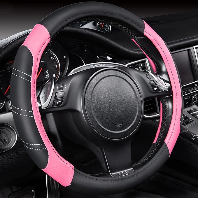 CAR PASS Line Rider Microfiber Leather Sporty 14.5-15 inch Steering Wheel Cover Universal Fits for 95% Truck,SUV,Cars, Anti-S