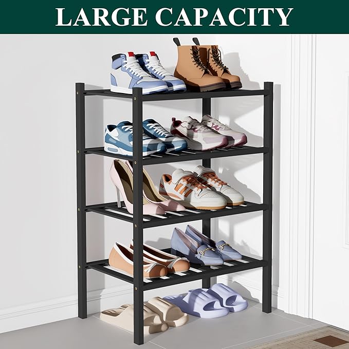 Smiry Bamboo Shoe Rack for Closet, 4 Tier Small Wooden Stackable Shoe Organizer, Free Standing Shoes Storage Shelf for Entryw