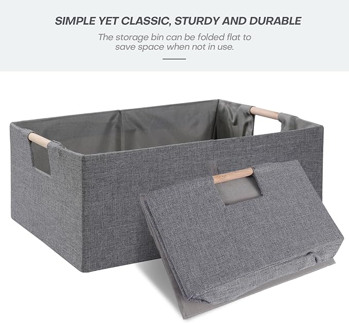 ANMINY 2PCS Storage Baskets for Organizing Collapsible Fabric Storage Bins Boxes with Wood Handles Closet Shelves Cube Organi