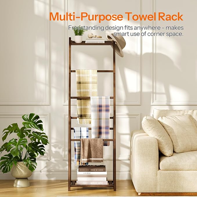 HOOBRO Blanket Ladder, 3-Tier Towel Rack, Bamboo Blanket Rack, Blanket Stand, Blanket Ladders for Bedroom, Quilt Ladder for L