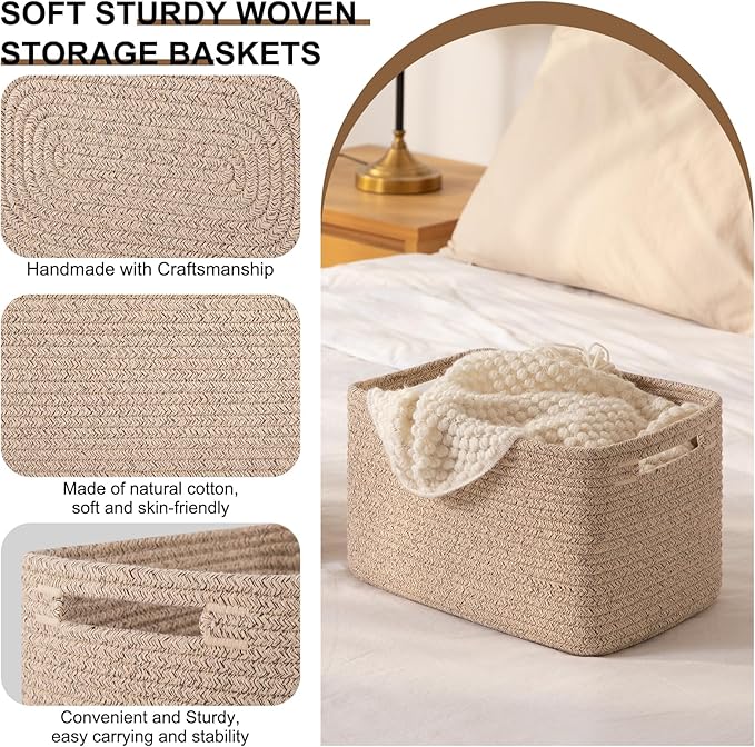 OIASKET Storage Baskets for Organizing, Woven Decorative Baskets for Shelves - Books, Towels, and Clothes, Cotton Rope Toy St