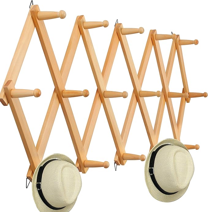 WEBI Accordion Wall Hanger,Expandable Wooden Coat Rack Wall Mounted,Accordion Hat Rack for Wall Rack for Hats,Caps,16 Peg Hoo