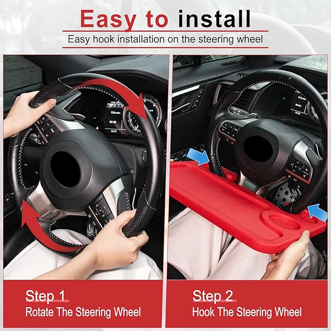 JUSTTOP Car Steering Wheel Desk, Red (ABS, Rectangular), Multipurpose Travel Tray for Eating, Laptop, Tablet, iPad, Cup Holder, Compatible with Most Cars
