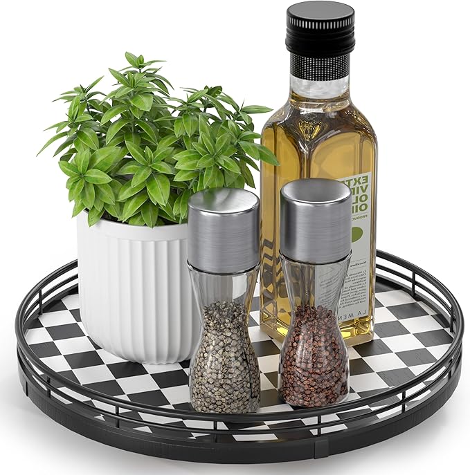 Black and White Kitchen Lazy Susan Turntable – Checkered Round Decorative Tray, 10” Table Top Oak Wood Lazy Susan for Cookies