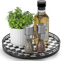 Black and White Kitchen Lazy Susan Turntable – Checkered Round Decorative Tray, 10” Table Top Oak Wood Lazy Susan for Cookies