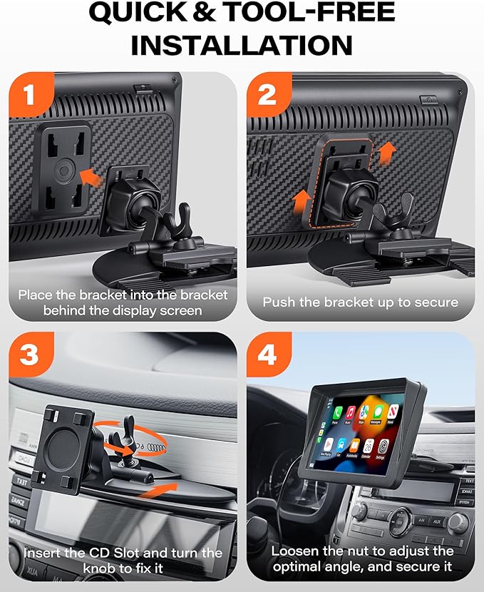 1Zero CD Slot Mount for CarPlay Screen, 360° Rotation Tool-Free Installation CarPlay CD Mount Compatible with 7-11 Inch Portable Car Play Screens & GPS Navigation