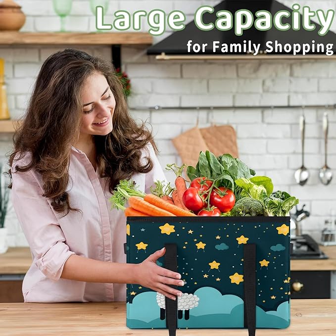 Reusable Grocery Bags Heavy Duty Shopping Bags Foldable Large Tote Bags with Long Handles & Hard Bottom