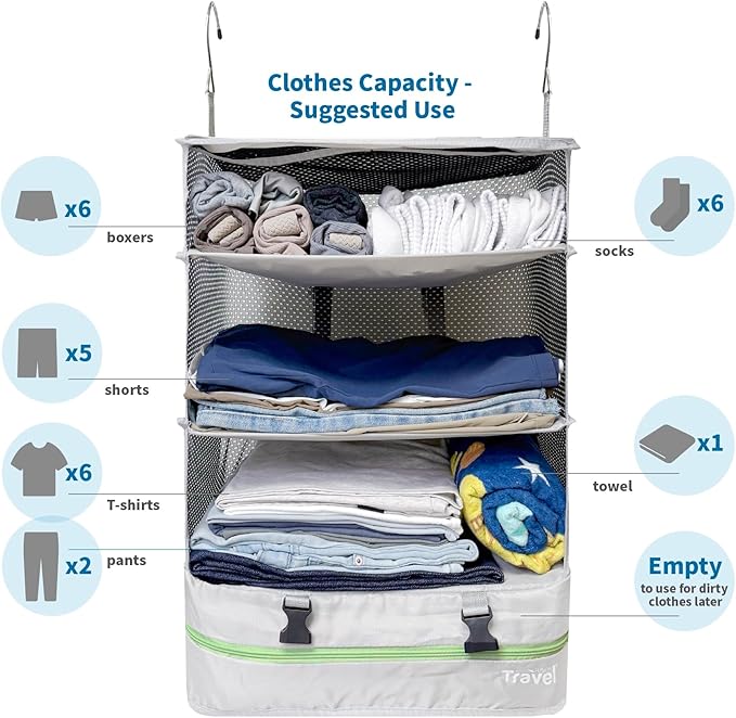 Grand Fusion Stow-N-Go Packing Organizer for Luggage, Portable Hanging Travel Shelves, Carry-On Closet, Hanging Packing Cubes