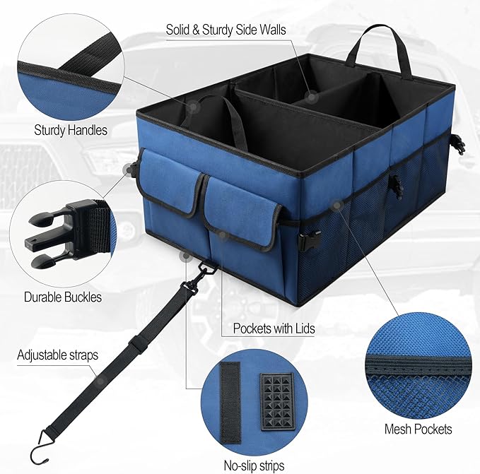 UYYE Auto Collapsible Trunk Organizer, 3 Large Compartments and 6 Pockets Durable for Cargo Storage, Easy to Storage Tools With