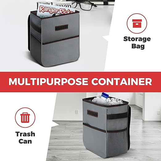 YSSOA Car Trash Can with Lid, Leak-Proof Organizer and Storage Bag, Adjustable and Portable Car Accessory Interior, Collapsible Multipurpose Car Garbage Bag, 2 Gallon, Grey