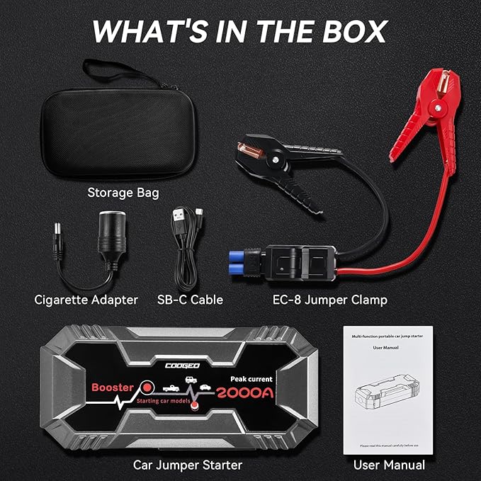 Car Battery Jump Starter Portable, 2000A Jump Starter Battery Pack for 8.0L Gasoline and 6.0L Diesel Engines, 12V Jump Box