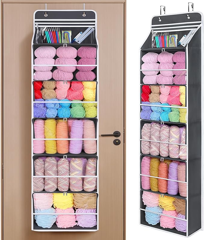 Univivi Hanging Yarn Storage Organizer with 6 Zipper Closure Compartments, Large Capacity Knitting Organizer Storage, Over Th