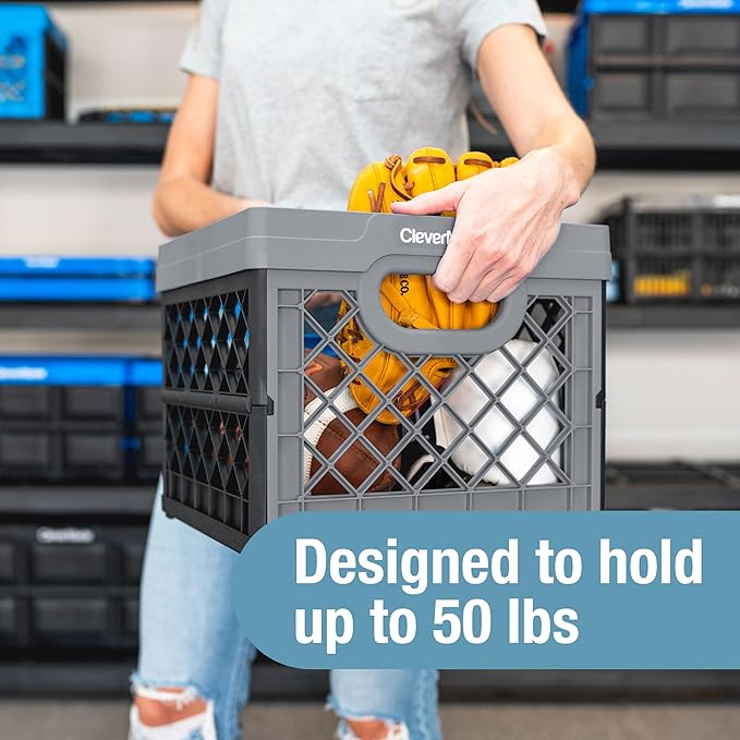 CleverMade Collapsible Milk Crate 25L (6.6 Gal) 3 Pack, 50 lb Capacity Heavy Duty Folding Crate – Stackable Storage Crates wi