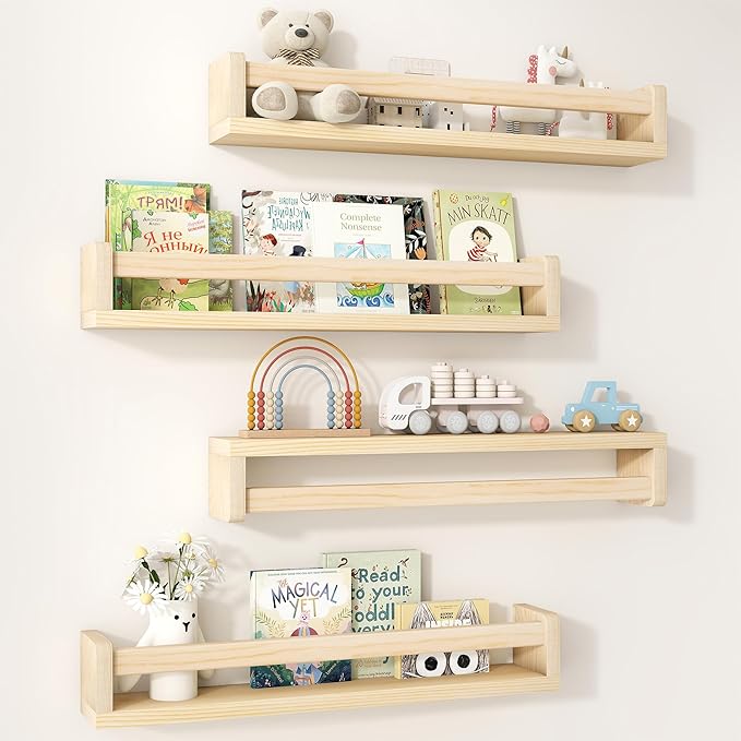 Fun Memories Nursery Book Shelves Set of 4, 24 Inch Solid Wood Wall Book Shelves, Kids Room Floating Shelves Organizer & Toy 