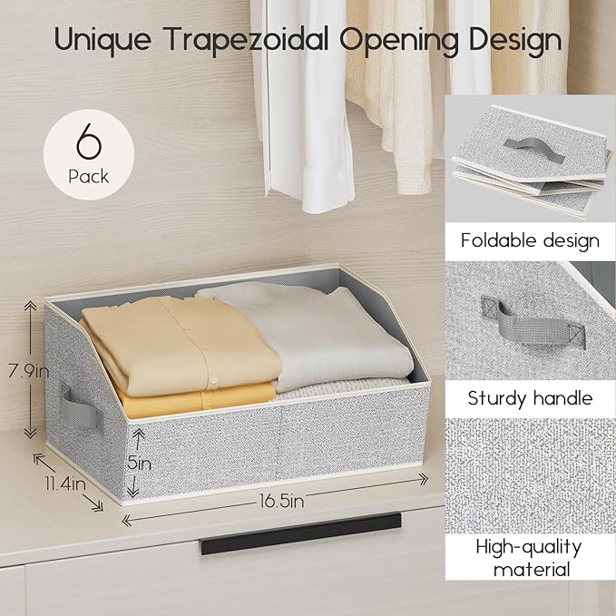 Homsorout Large Closet Organizers and Storage Bins - 6 Pack Trapezoid Storage Baskets for Shelves, Foldable Fabric Baskets wi