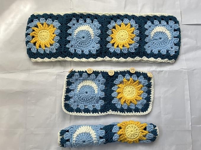 Handmade Crochet Sun and Moon Car Steering Wheel Covers Universal 14-15 inch for Women and Men (Steering Wheel Cover+2 Belt Cover)