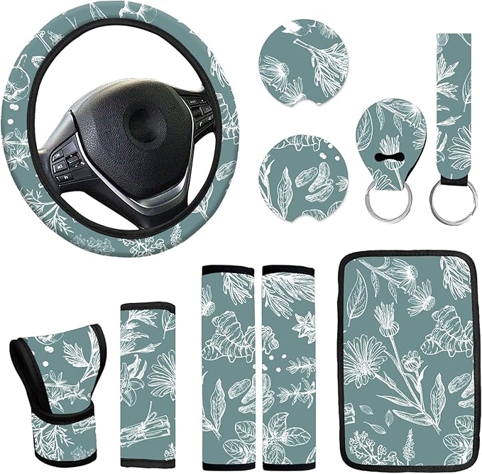 10 PCE Mushrooms Car Steering Wheel Cover for Women Center Console Armrest Pad Headrest Seat Belt Cover Car Accessories for Women Interior.(Snowflake Leaf)