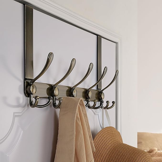 Dseap Over The Door Hook Hanger - Fits 1 3/8" to 1 3/4" Standard Doors | 5 Tri Hooks Heavy Duty Towel/Coat Rack | Door Organi