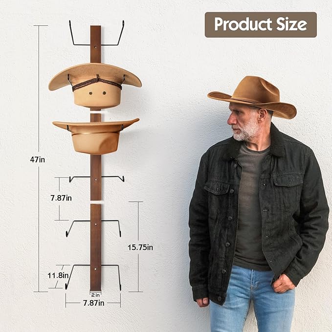 Cowboy Hat Holder, 3-Piece Wall Mount Cowboy Hat Rack for Wall Holds up to 6 Hats – Wooden + Metal Rustic Western DIY Hat Rac