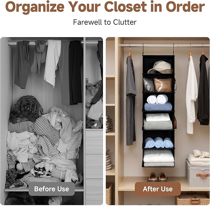 StorageWorks 6-Shelf Hanging Closet Organizers, Foldable Closet Storage Organizer with 2 Side Pockets, Portable Hanging Shelv