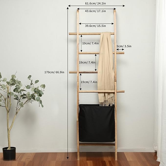 67-Inch Farmhouse Blanket Ladder with Basket, Rustic Wooden Display Ladder for Throws, Blankets, Quilts & Towels, Sturdy Wall