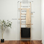 67-Inch Farmhouse Blanket Ladder with Basket, Rustic Wooden Display Ladder for Throws, Blankets, Quilts & Towels, Sturdy Wall