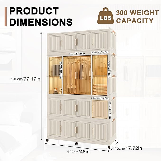 Portable Wardrobe Closet Storage Organizer, Plastic Collapsible Closet Organizer with Transparent Magnetic Door, for Living R