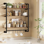 3 Tier Industrial Pipe Shelving, 24" Kitchen Shelves Wall Mounted with 6 Hooks, Coffee Bar Shelves Display Bookshelf Wall She