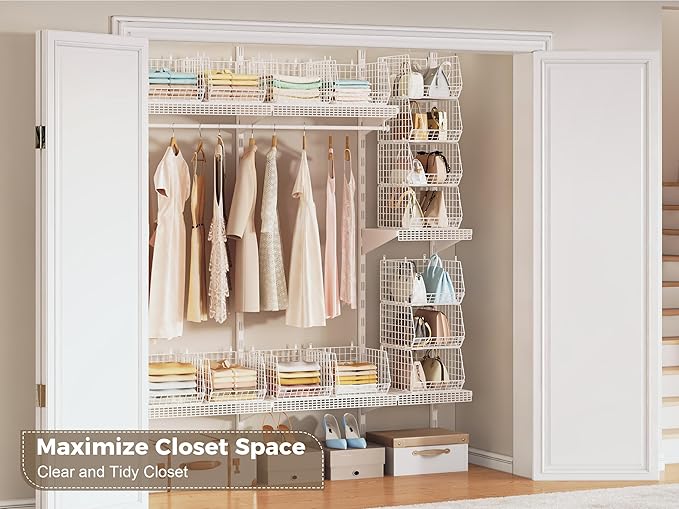 4" Extra Deeper Foldable Hanging Closet Organizer, Small Wire Cabinet Shelves and Storage with 5 S Hooks,4 Tier Metal Basket 