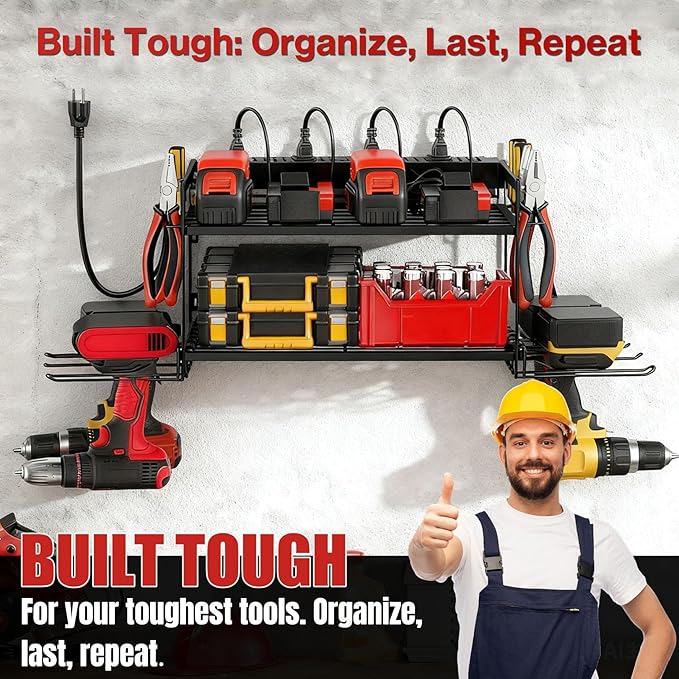 Garage Tool Organizer with Charging Station & Power Strip - 4 Drill Holder Wall Mount Rack, Heavy Duty Metal Shelf for Worksh