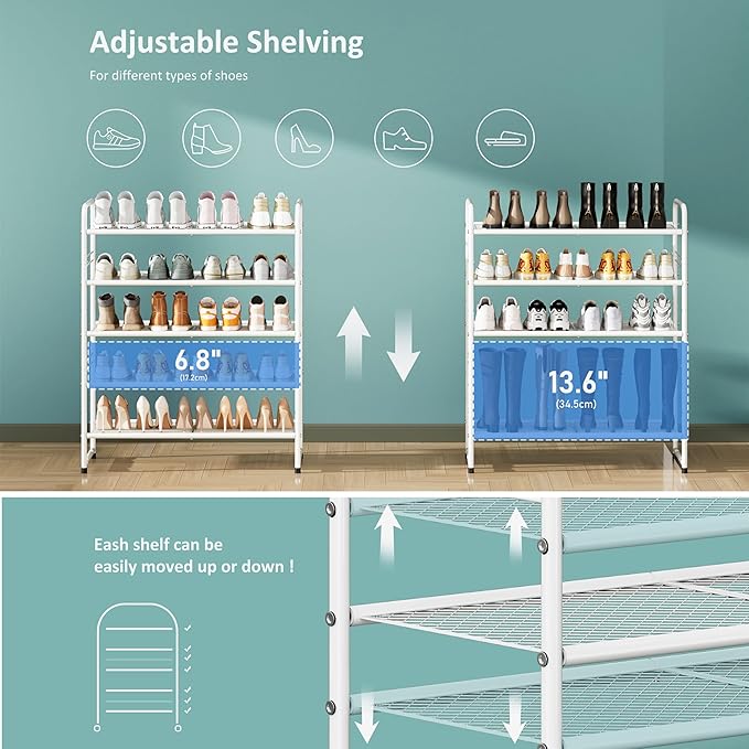 SUFAUY 33" Wide Shoe Rack, 5 Tier Shoe Organizer Mesh Free Standing Shoe Storage Shelf for Closet, White