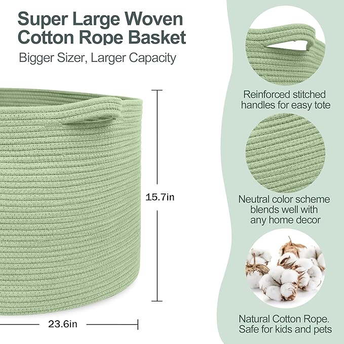 MEGASKET 115L Oversized Green Basket, 23.6"x15.7" Woven Cotton Rope Bin for Blankets, Nursery Wicker Laundry Hamper, Kids Toy