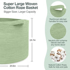MEGASKET 115L Oversized Green Basket, 23.6"x15.7" Woven Cotton Rope Bin for Blankets, Nursery Wicker Laundry Hamper, Kids Toy