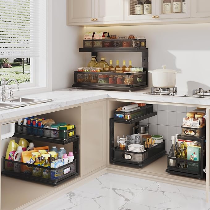 2 Pack 21IN-Depth Under Sink Organizer With Next-Gen Ball-Bearing Slides,2-Tier Precision Mesh Pull Out Cabinet Storage for B