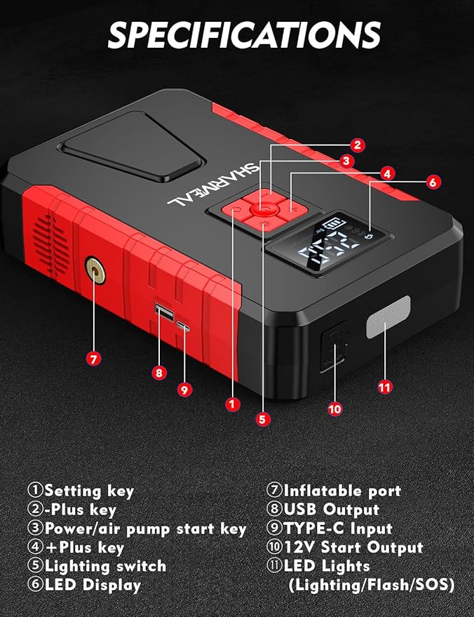 Sharmeal Jump Starter with Air Compressor, 5000A 160PSI Car Jump Starter Battery Pack (10.0L Gas/9.0L Diesel), Battery