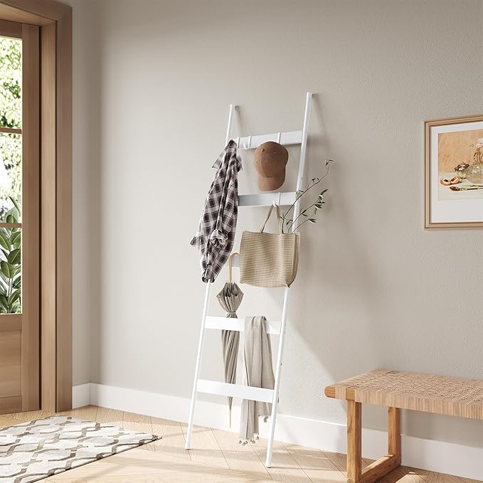 ELYKEN Blanket Ladder for Living Room, Farmhouse 5-Tier Quilt Holder with 4 Removable Hooks for Bathroom, Wood Towel Rack Dis