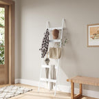 ELYKEN Blanket Ladder for Living Room, Farmhouse 5-Tier Quilt Holder with 4 Removable Hooks for Bathroom, Wood Towel Rack Dis