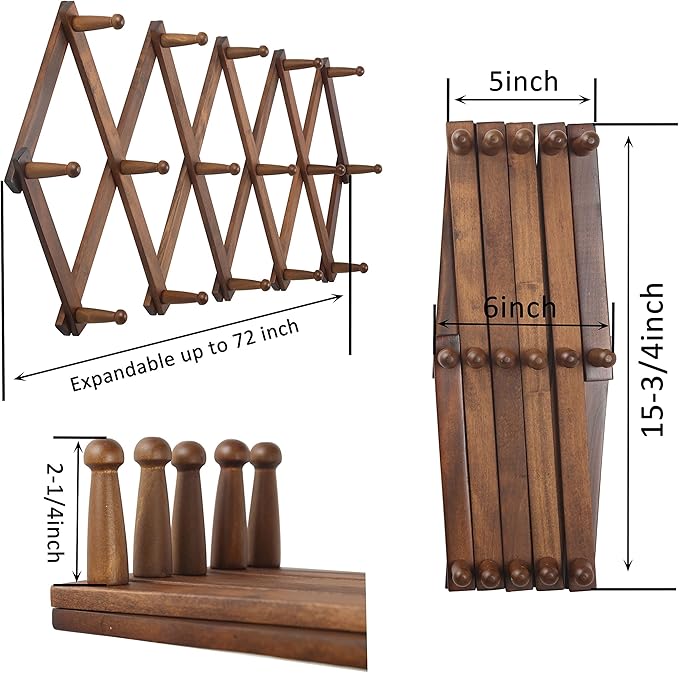 WEBI Accordion Wall Hanger,Expandable Wooden Coat Rack,Accordion Hat Rack for Wall for Hats,Caps,16 Peg Hooks,Brown,2 Packs