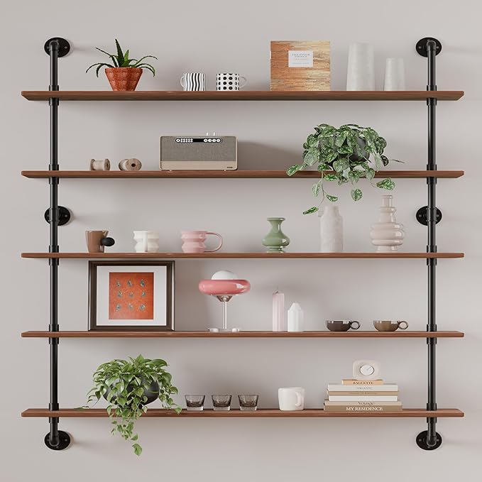 Floating Shelves for Wall Bookshelf Industrial Pipe Shelving Shelves 48 Inch 5 Tier Natural Wood Planks Rustic Wall Shelves H