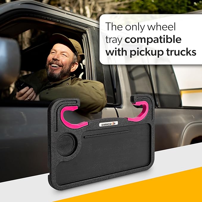 ENRICH UP 2-in-1 Car Steering Wheel Tray - Steering Wheel Desk for Laptop, Multipurpose Car Table for Eating & Work, Adjustable Car Food Tray with Silicone Rings (Pink)