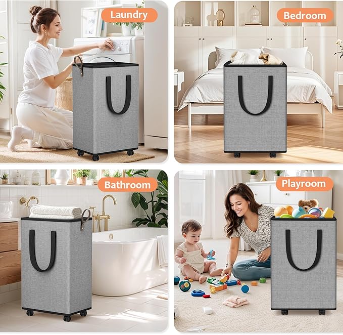 SpaceTrove Laundry Basket with Wheels, Collapsible Laundry Baskets, Laundry Hamper with Handles Detachable Wheels, Rolling La